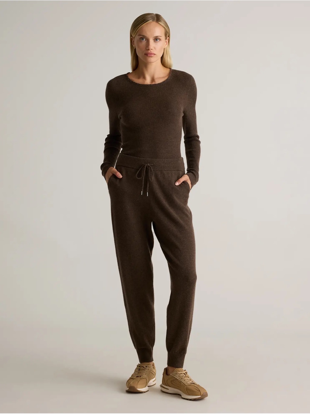 Khaki Color Knit Jogger Jumpsuit - Women